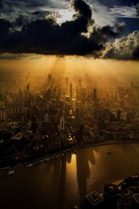 shanghai river skyscrapers clouds