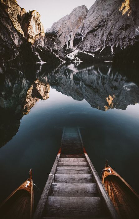mountain lake stairs wood reflection retina