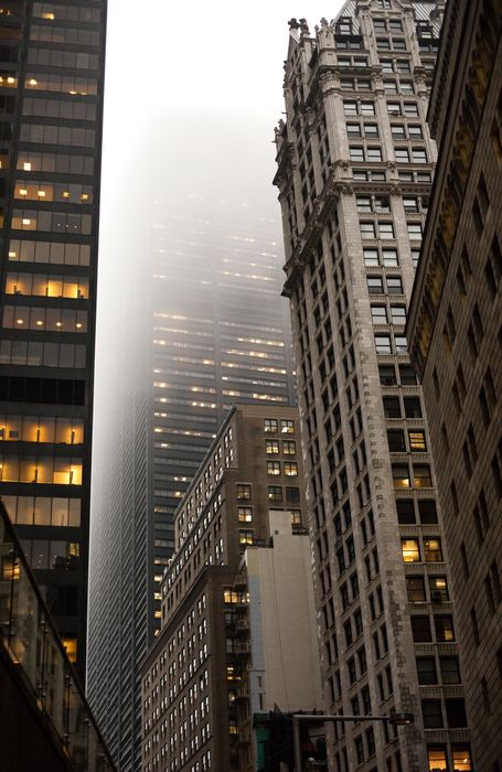 chicago skyscrapers lights fog