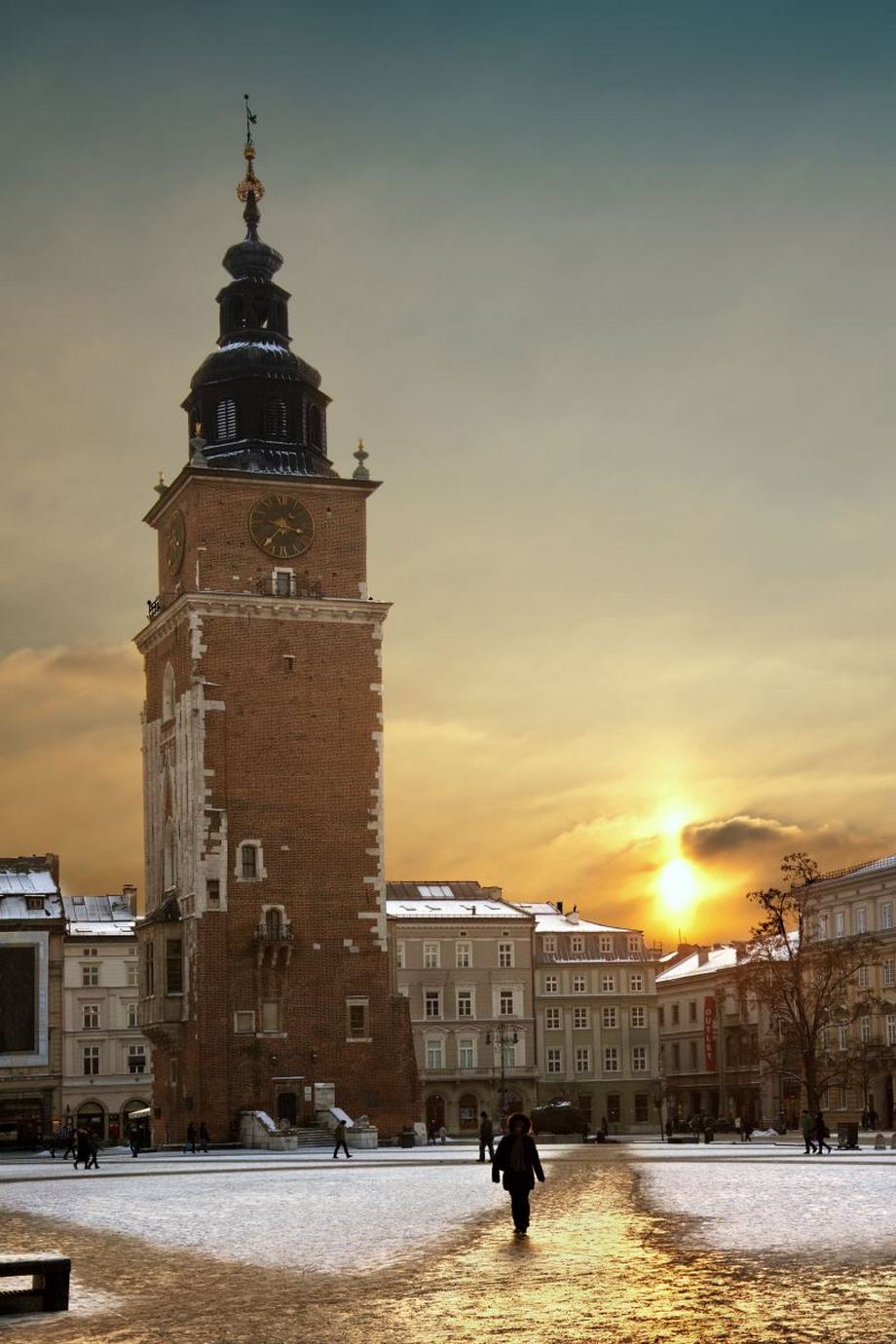 krakow center sunset winter
