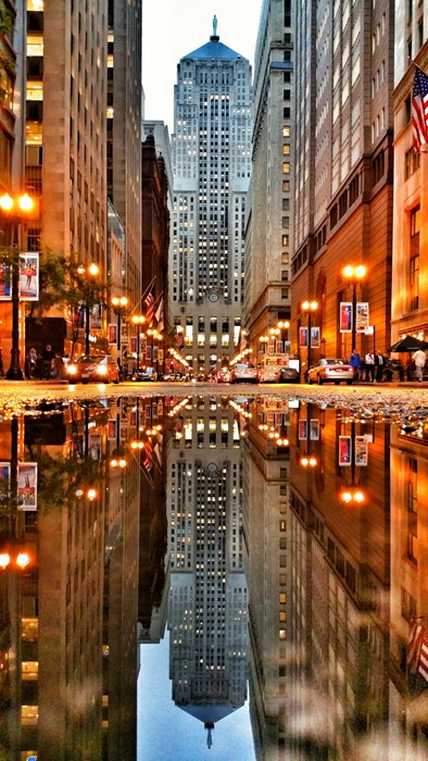 chicago usa city architecture urban travel business street building lights skyscraper reflection traffic